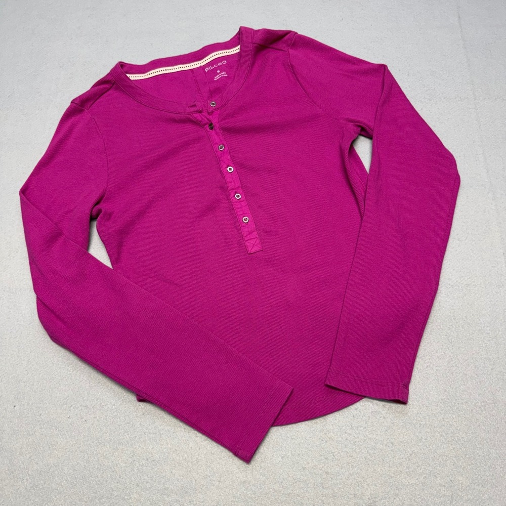 Pilcro Womens Medium Magenta Pink Ribbed Long Sleeve Henley Top Curved Hem
